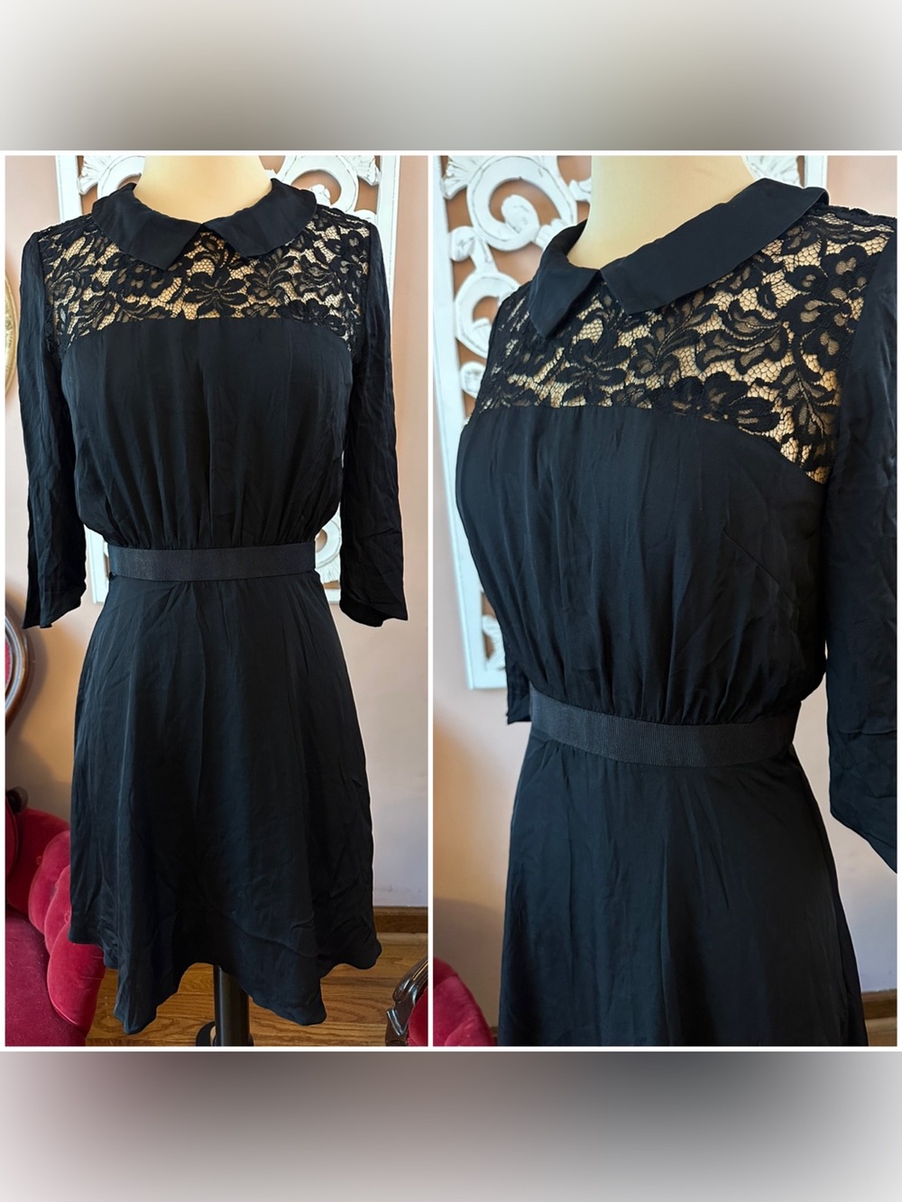 Milly silk lace collared shirt dress black classic chic elegant 4 S
